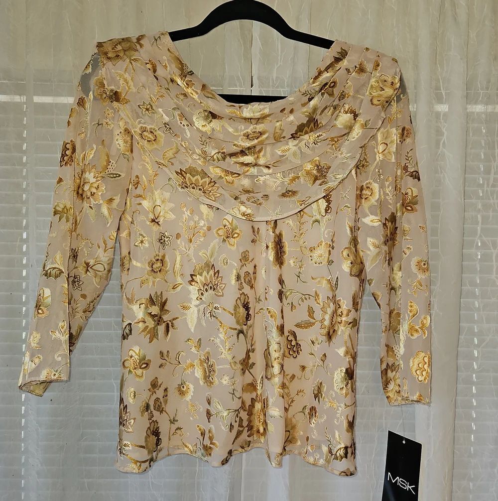 Vintage MSK Beige Blouse with Gold Floral Jacquard Cowl Neck